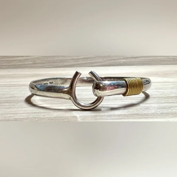 Vintage Designer Signed DK Sterling Silver & Brass Hook Bangle Bracelet - Picture 1 of 7